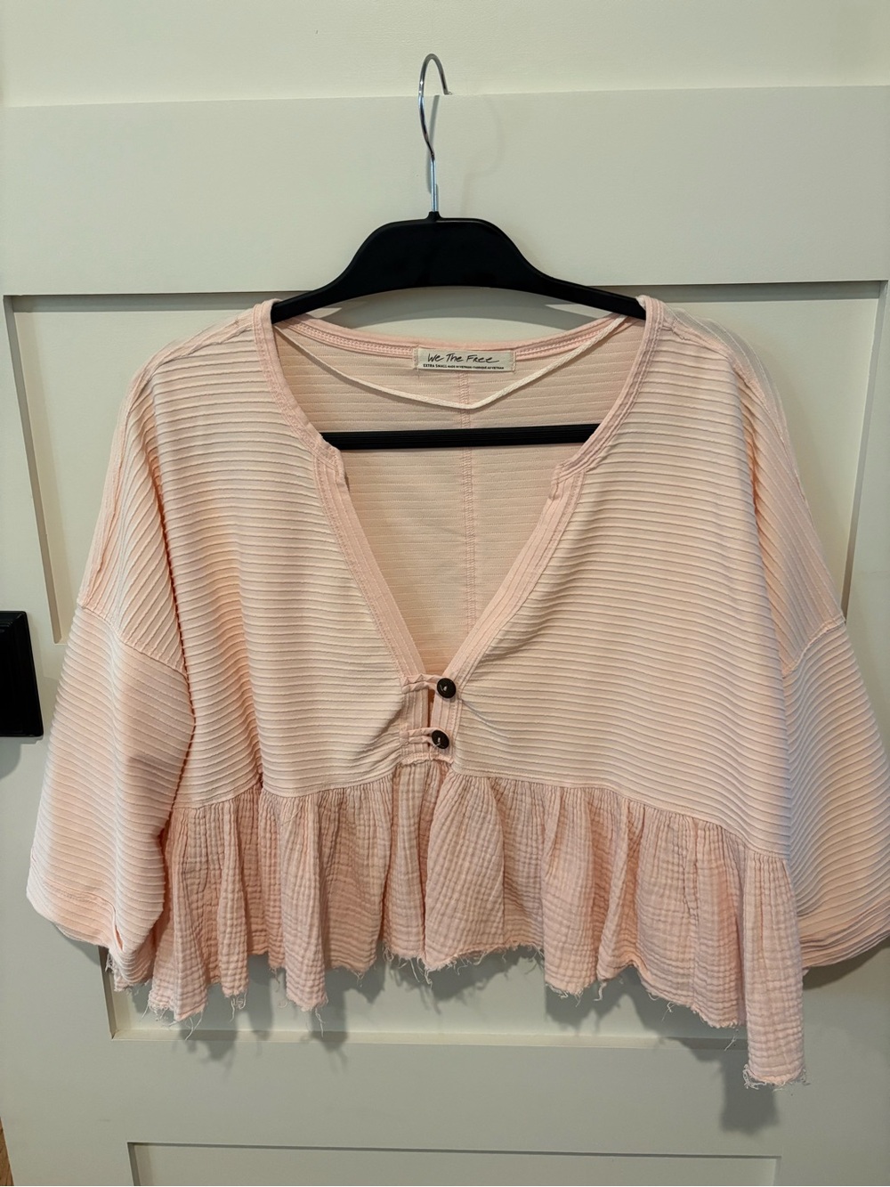 Free People Blush Pink Cropped Ruffle Henley Top